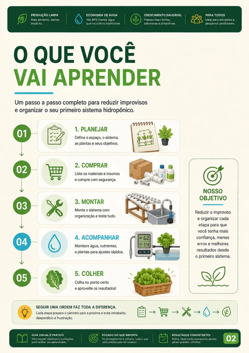Etapas ensinadas no guia Hidroponia na Prática